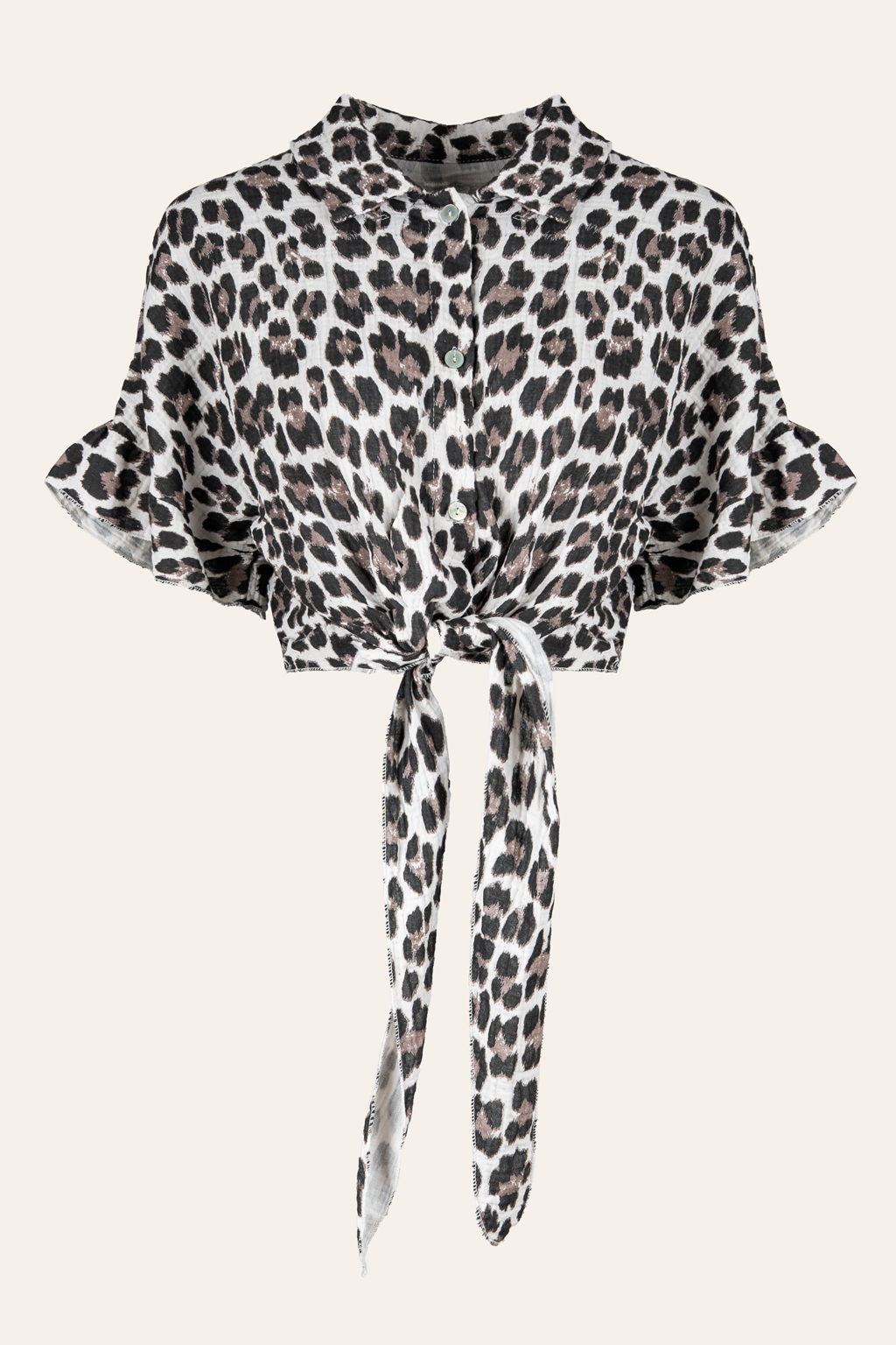 Kurze Musselinbluse zum Knoten (Leoprint)