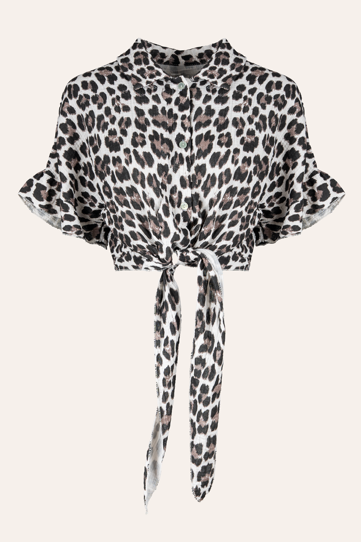 Kurze Musselinbluse zum Knoten (Leoprint)