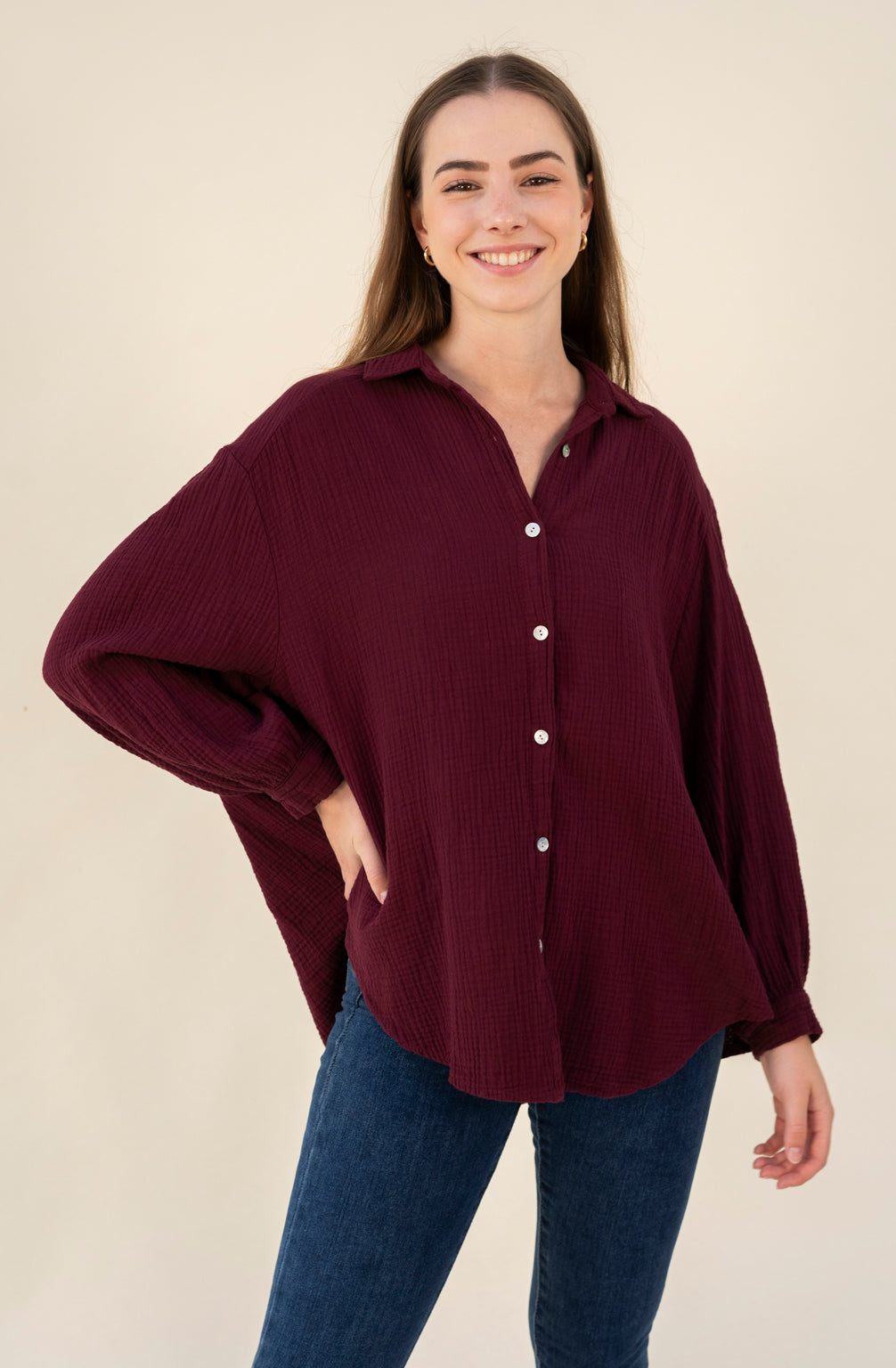 Kurze Musselin Hemdbluse (Burgund)