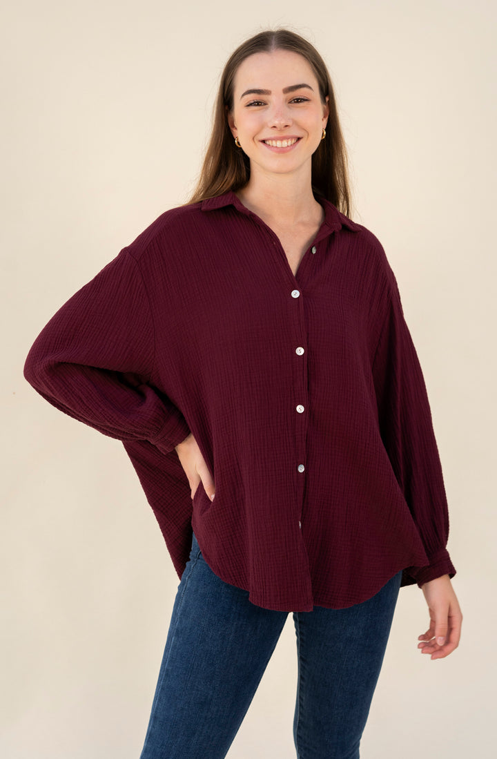 Kurze Musselin Hemdbluse (Burgund)