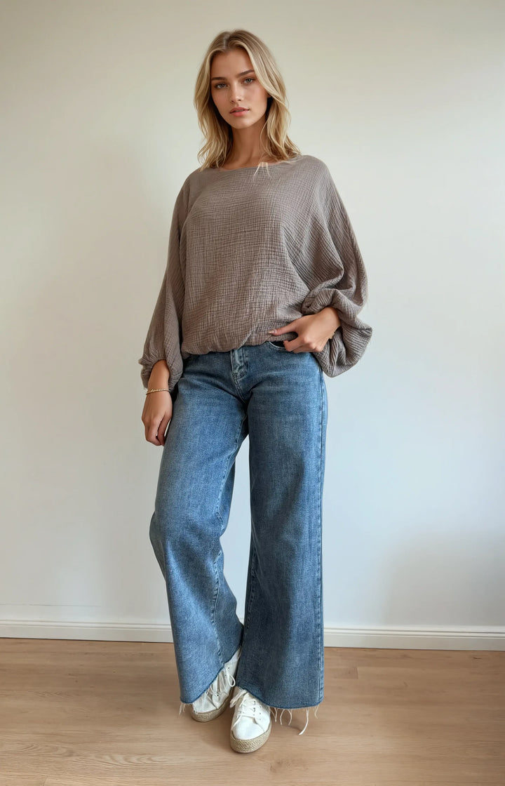 Musselinbluse mit Fledermausärmeln (Taupe)