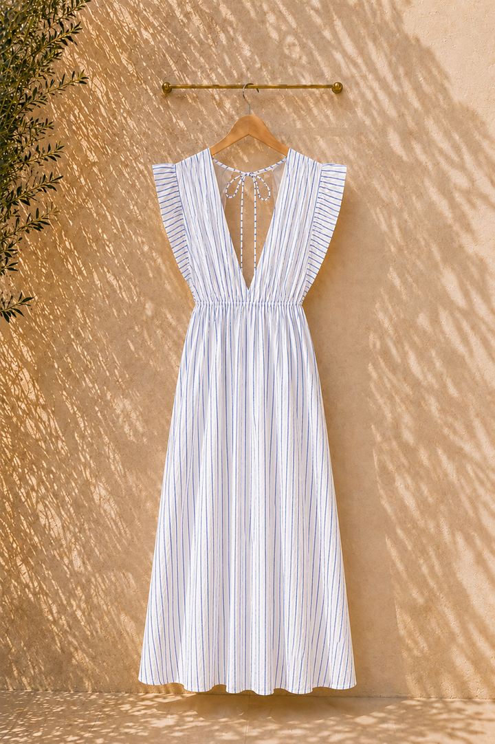 Musselin-Maxikleid (Blau-Weiß)