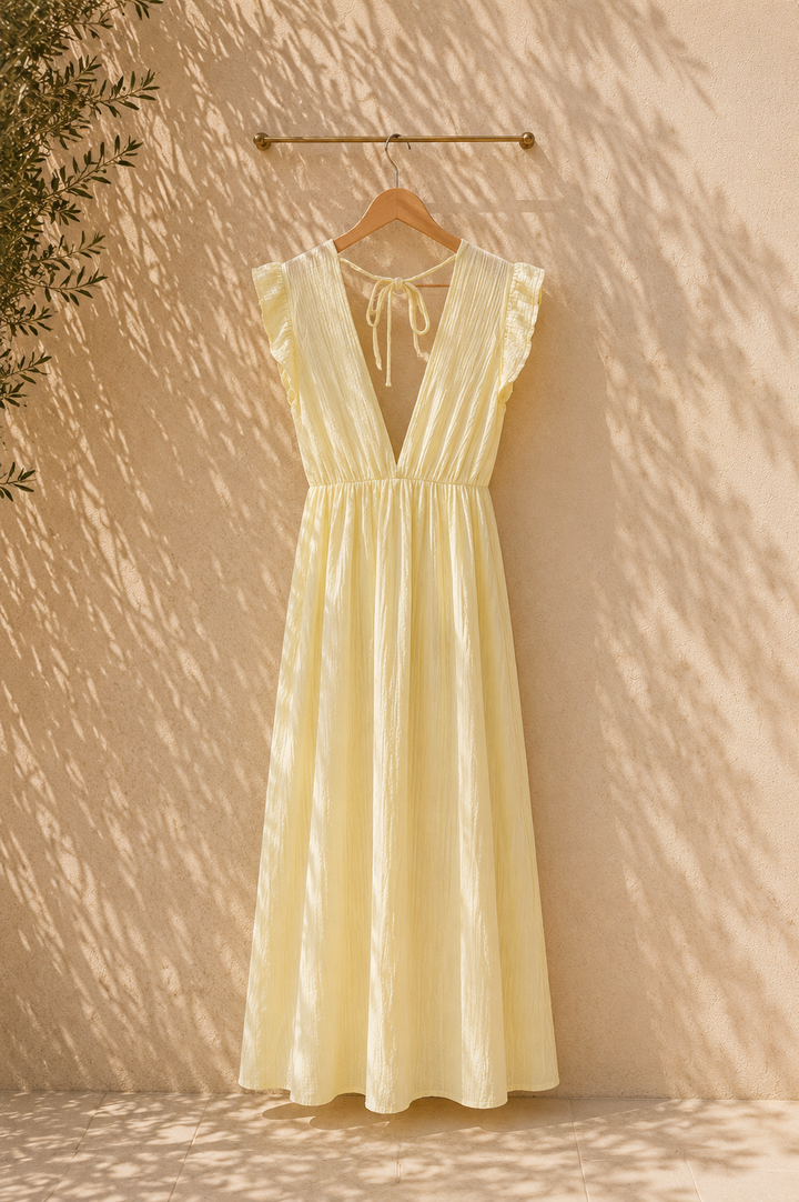 Musselin-Maxikleid (Gelb-Weiß)