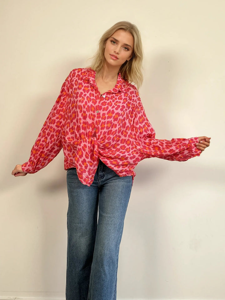 Kurze Musselin Hemdbluse (Leomuster Rosa Pink)