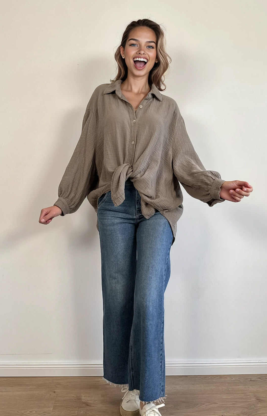 Kurze Musselin Hemdbluse (Taupe)