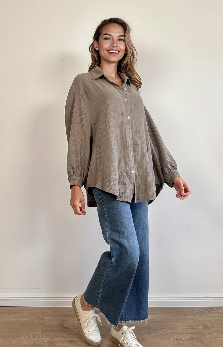 Kurze Musselin Hemdbluse (Taupe)