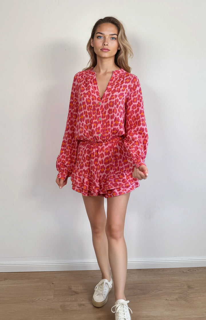 Kurzer Musselin-Jumpsuit in Leo-Optik (Rosa Orange Pink)