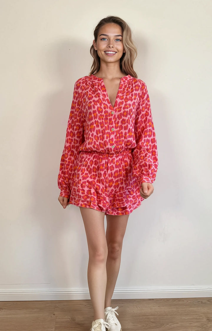 Kurzer Musselin-Jumpsuit in Leo-Optik (Rosa Orange Pink)