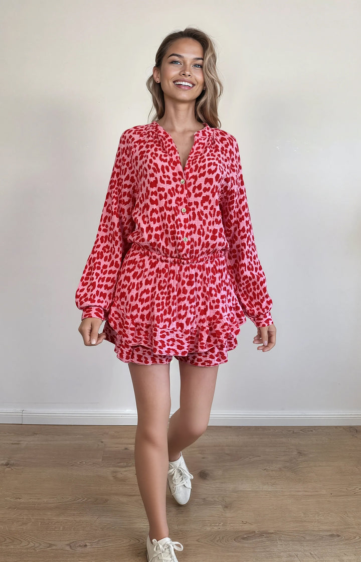 Kurzer Musselin-Jumpsuit in Leo-Optik (Rosa Rot)