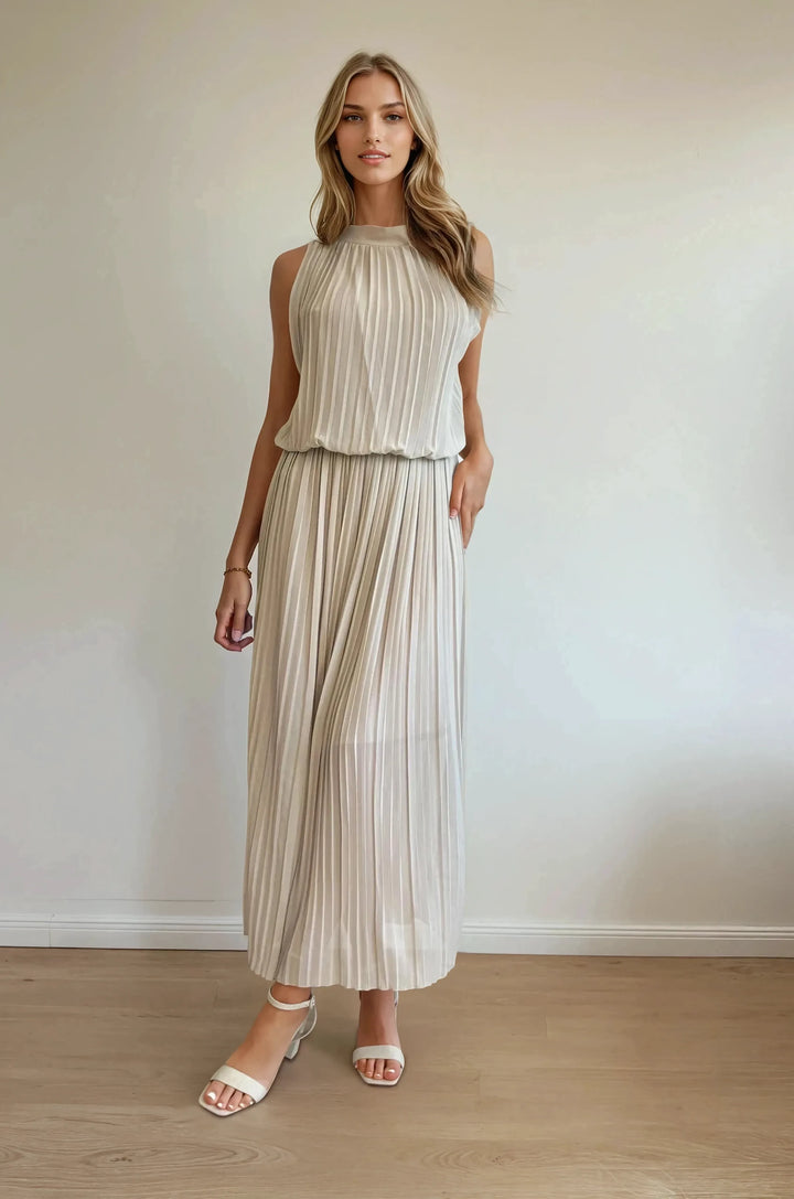 Langes Plissee-Kleid (Beige)