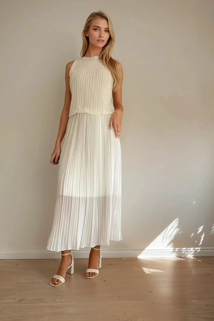 Langes Plissee-Kleid (Weiss)
