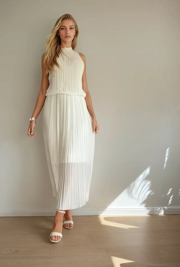 Langes Plissee-Kleid (Weiss)
